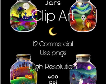 Halloween Magic Mason Jars Watercolor Clipart, Haunted House, Ghost (PNG Digital Download)