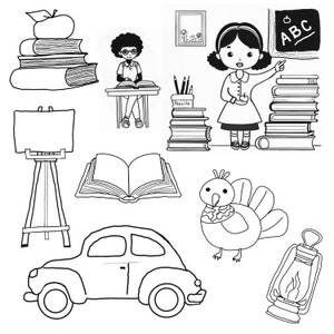 May include: Black and white line art illustration of a classroom scene with a teacher, students, books, a chalkboard, a car, a bird, and a lantern. The chalkboard says "ABC".