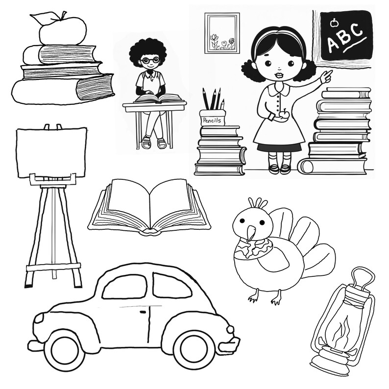 May include: Black and white line art illustration of a classroom scene with a teacher, students, books, a chalkboard, a car, a bird, and a lantern. The chalkboard says "ABC".