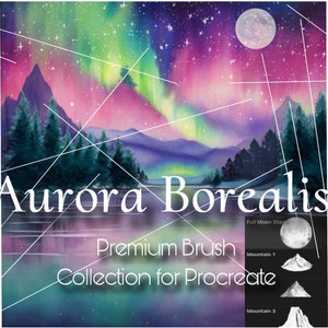 May include: A digital illustration of a night sky with a vibrant aurora borealis, a full moon, and a mountain range reflected in a lake. The text "Aurora Borealis Premium Brush Collection for Procreate" is displayed below the image. The image is divided into sections, each showcasing a different brush stroke or effect.