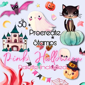 May include: Pink Halloween Procreate stamps with a palette included. The image features a variety of Halloween themed illustrations, including a ghost, a bat, a pumpkin, a castle, a cat, and a witch's hat.