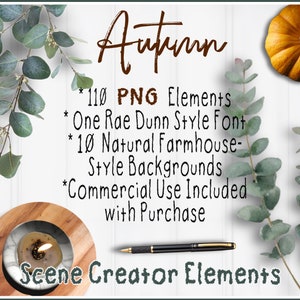 May include: Autumn themed digital clipart set with 110 PNG elements, one Rae Dunn style font, 10 farmhouse style backgrounds, and commercial use included with purchase. Scene Creator Elements.