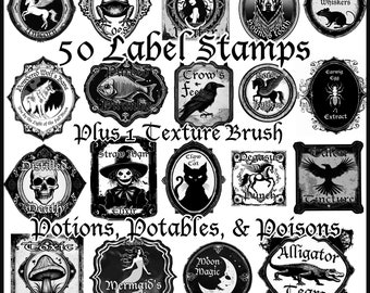 Vintage Gothic Bottle Labels Procreate Stamps, Antique Spooky Potion Label Stamp Bundle,