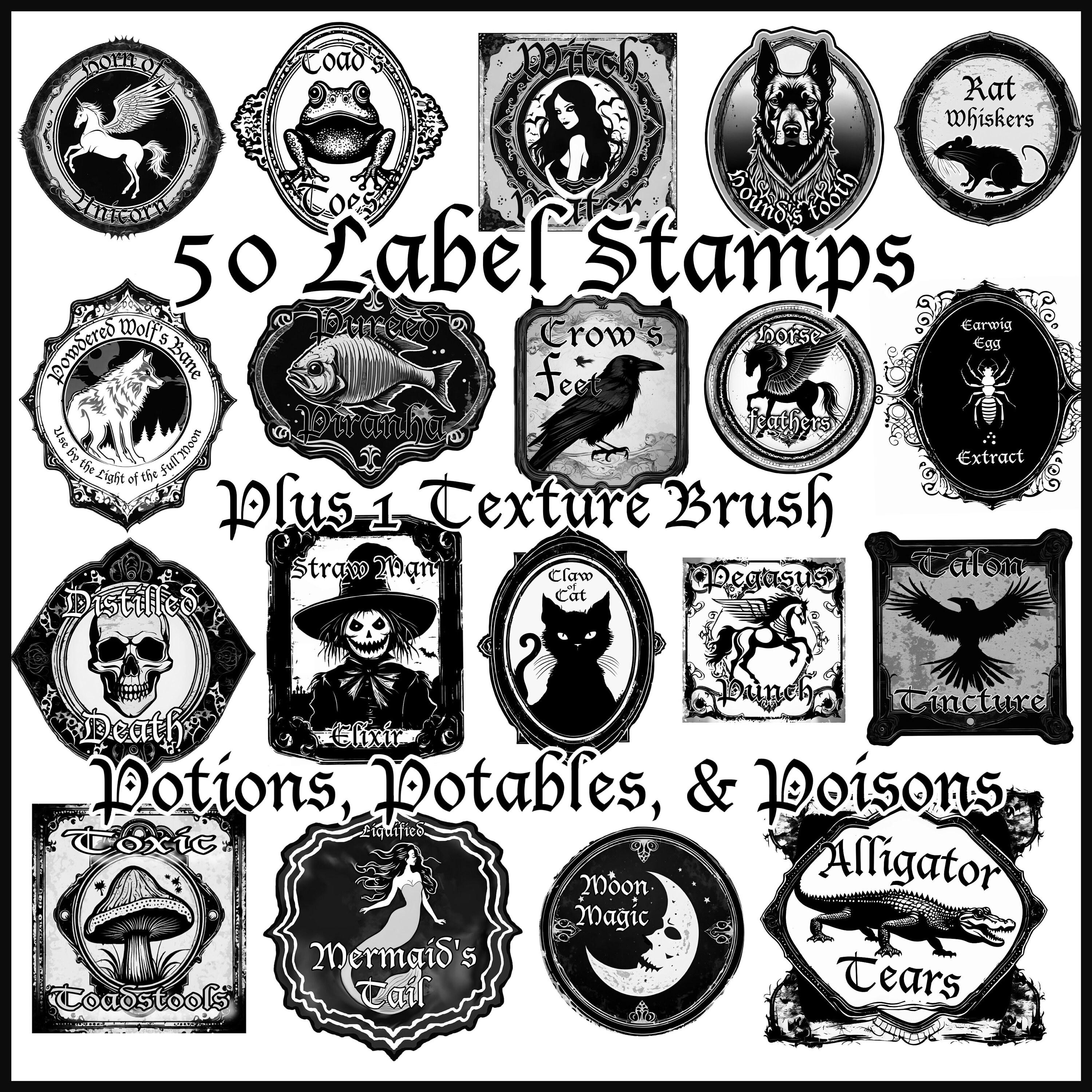 Goth Labels Vintage Gothic Bottle Labels Procreate Stamps, Antique Spooky Potion ...