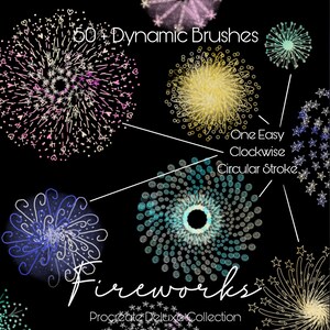 May include: A digital illustration of 50+ dynamic brushes for creating fireworks effects. The image shows a variety of brush strokes in different colors, including pink, yellow, blue, and white. The text "50+ Dynamic Brushes" and "Fireworks Procreate Deluxe Collection" is visible in the image.