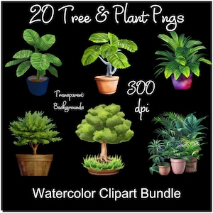 Melhor pacote de clipart em aquarela árvores e plantas PNG, sublimação, uso comercial, planta em vaso, vegetação, folhagem, estética doméstica