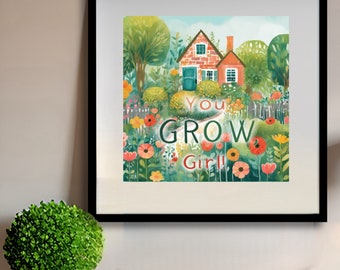You Grow Girl! Original Framed Art Print w 4” White Matte & 12x12 Black Gallery Frame, Perfect Gift for Gardeners, Plant Lovers, Mothers Day