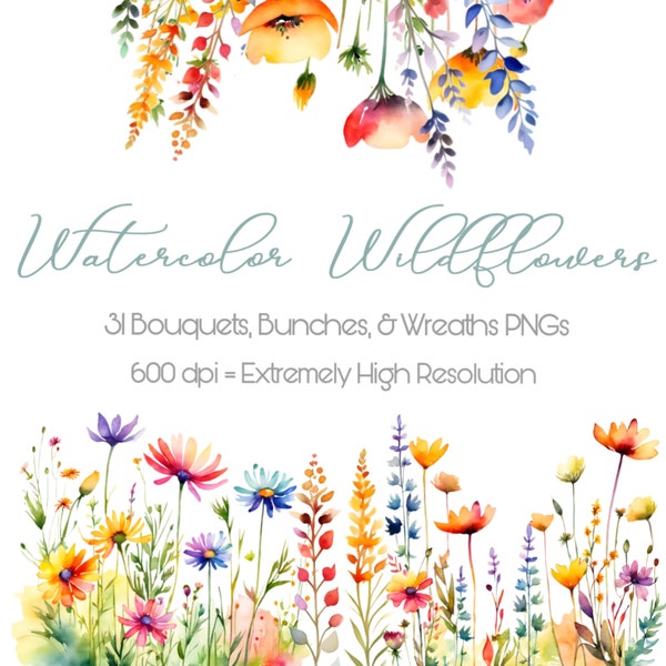 Watercolor Wildflower Borders, Hand Drawn Floral Frames, Fall Background, Clipart PNGs, Commercial Use Bundle, Autumn Meadow Flower Clip Art