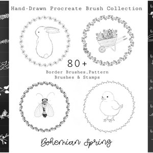 Kit de paquete Procreate dibujado a mano de Boho Spring, más de 80 pinceles premium Boho Nature, incluidos pinceles, patrones y sellos de borde botánico