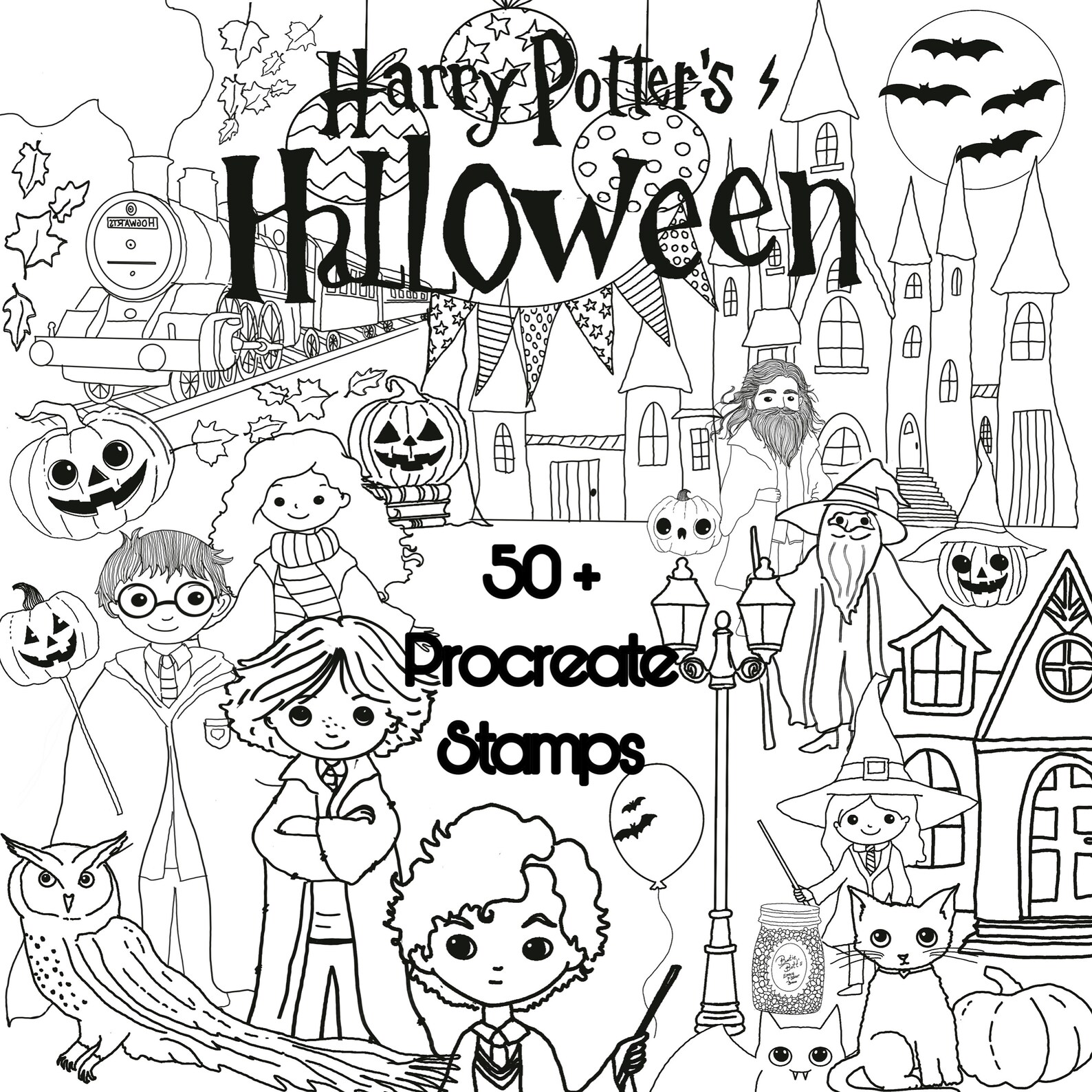 50 Harry Halloween Procreate Stamps, Cute Witch and Wizard School ...