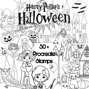 50 tampons Harry Halloween Procreate, lot d'écoles de sorcières et de sorciers mignons, pinceaux numériques Light Academy, Dark Academia, ensemble de magie céleste