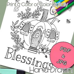 Pagina a colori digitale delle benedizioni autunnali illustrata da Tia, accogliente zucca autunnale stampabile da colorare Download istantaneo, colorazione per adulti per il relax