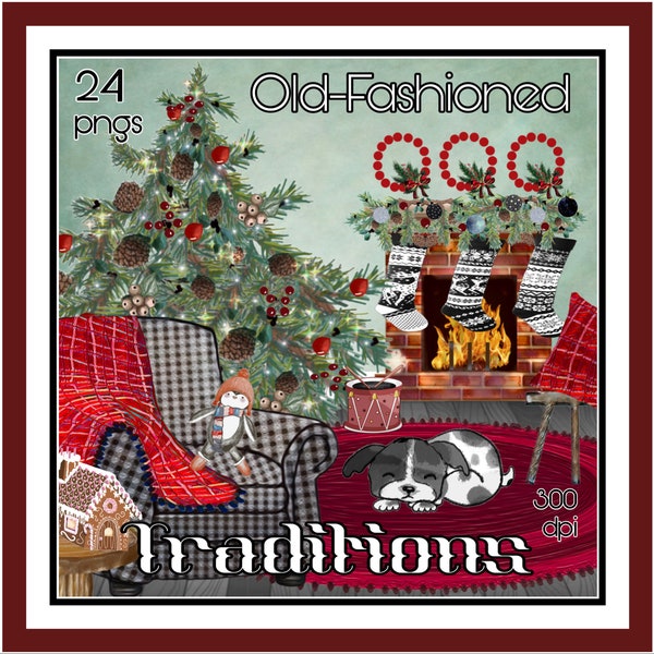 Old Fashioned Christmas, Traditional Style clipart, Vintage Toys, Christmas Tree, Furniture, Png, Sublimation, Cozy Classics, Commercial Use