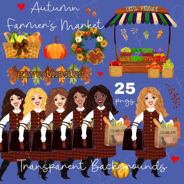 Thanksgiving PNGs, clip Art, multi-racial, Dark Skin, planner stickers, Pumpkins, farmers market, groceries, shopping, harvest, autumn, fall
