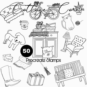 50 selos Cosy Cottage Core Procreate, lindos interiores de casa, móveis vintage, pincéis digitais para todas as ocasiões do dia a dia, panificação, viagens, casa