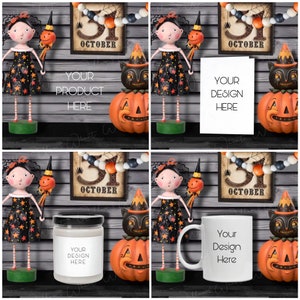 JPG&PDF Halloween Multi-Product Mock Up for Mug, Candle, Coffee Cup, 5x7 Card, Art, October Decor, Unique Fall Interior Autumn Scene Mock-Up