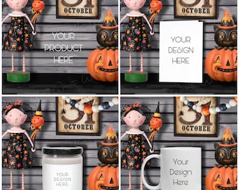 JPG&PDF Halloween Multi-Product Mock Up for Mug, Candle, Coffee Cup, 5x7 Card, Art, October Decor, Unique Fall Interior Autumn Scene Mock-Up
