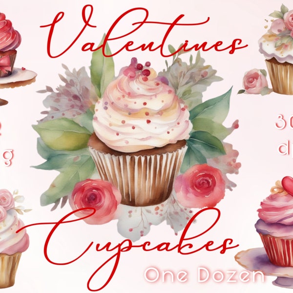 Freebie! Valentines Cupcake Clipart Valentine PNG Bundle, Pink Cupcakes Clip Art pngs, Free Cute Red Hearts, Junk Journal Sticker Collection