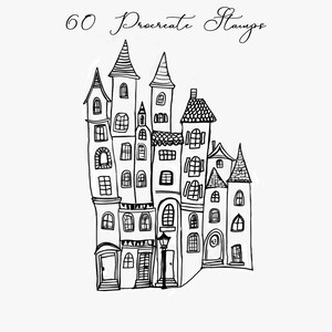 May include: Black and white line drawing of a group of buildings with pointed roofs and windows. The drawing is labeled "60 Procreate Stamps".