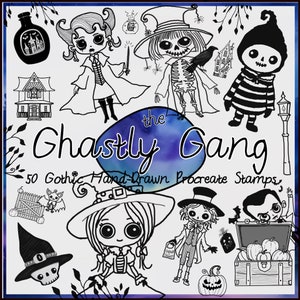 Puede incluir: Un conjunto de 50 sellos Procreate dibujados a mano en blanco y negro con un tema gótico. Los sellos incluyen imágenes de brujas, esqueletos, fantasmas, murciélagos, calabazas y otros elementos espeluznantes. El texto "The Ghastly Gang" aparece en el centro de la imagen.