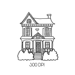 May include: A black and white line drawing of a two-story house with a heart above the front door. The house has a porch with a railing and steps leading up to the front door. There are bushes on either side of the steps.