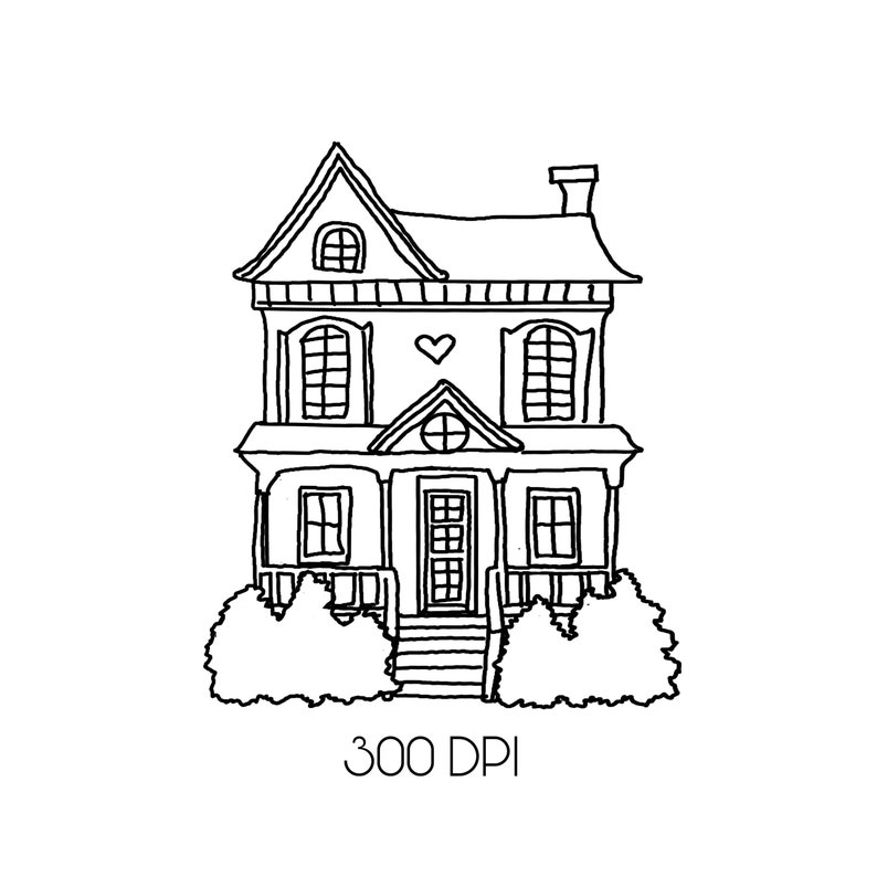May include: A black and white line drawing of a two-story house with a heart above the front door. The house has a porch with a railing and steps leading up to the front door. There are bushes on either side of the steps.