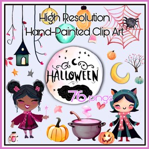 Cute Pink Halloween Watercolor Clipart Bundle, 75 PNG, Witch, Castle, Ghost, Pumpkin, Spider, cauldron, Journal, Sugar Skull, Moon Sticker