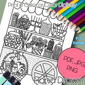 Cute Candy Cart Coloring Page, Cozy Sweet Treats Printable, Art, Lollipop Adult Color Page, Valentines Day Instant Download, Cookies & Cakes