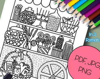 May include: A black and white line drawing of a candy cart with a variety of sweets, including lollipops, candy hearts, and popcorn. The cart has a wheel and a basket with a bow. The text "Print & Color or Color Digitally" is at the top of the image. The text "In 3 Formats" is on the right side of the image. The text "PDF, JPG, PNG" is in a pink circle on the right side of the image. The text "Hand Drawn" is at the bottom of the image.