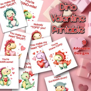 Leuke dinosaurus Valentijnsdag afdrukbare kaarten voor kinderen, grappige schattige dino met woordspeling en grap voor jonge kinderen, last minute instant download cadeau
