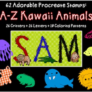 62 Sellos de Procreación de Alfabeto Animal, Kawaii Lindo, Uso Comercial, Pinceles de Patrón, Procreación de la A a la Z, Mejor Kawaii Lindo, ABC escrito a mano para niños