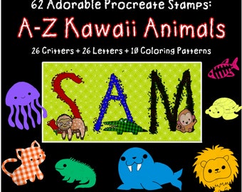 Kawaii Animal Alphabet Procreate Stamps, Pattern Brush (Digital Download)