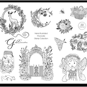 Goblincore met de hand geïllustreerde postzegelbundel met digitale kunst, 50 penselen met Procreate Enchanted Forest Natuurthema, handgetekende magische Fairycore-set