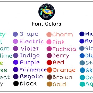 May include: A chart of font colors with a variety of color swatches and names, including Minty, Teal, Dream, Sublime, Lime, Grass, Forest, Gray, Grape, Electric, Violet, Indigo, Purple, Eminence, Regalia, Black, Charm, Pink, Fuchsia, Berry, Red, Orange, Brown, Gold, Midnight, Royal, Slate, Blue, Storm, Sky, Ocean, and Aqua.