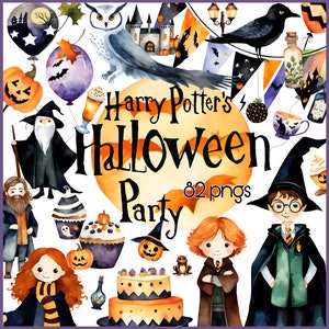 May include: A watercolour illustration of a Harry Potter themed Halloween party with 82 png images. The illustration features a variety of characters and objects, including a witch, a wizard, a pumpkin, a cake, a castle, and a black cat.