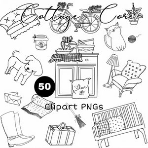 50 Gemütliche Cottage-Core-Linie Zeichnung PNGs Clipart, niedliches Haus Interieur, Vintage-Möbel, Alltag alle Gelegenheit Clip Art, Backen, Reise, Haus