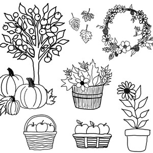 May include: A black and white line drawing illustration of a fall harvest scene with a tree, pumpkins, apples, baskets, flowers, and a wreath.