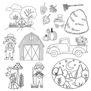 May include: Black and white line drawing illustration of a farm scene with a house, barn, truck, hay bale, pumpkins, mushrooms, a rake, and two children. The children are wearing overalls and hats. The scene is set in a rural setting with trees and a fence.