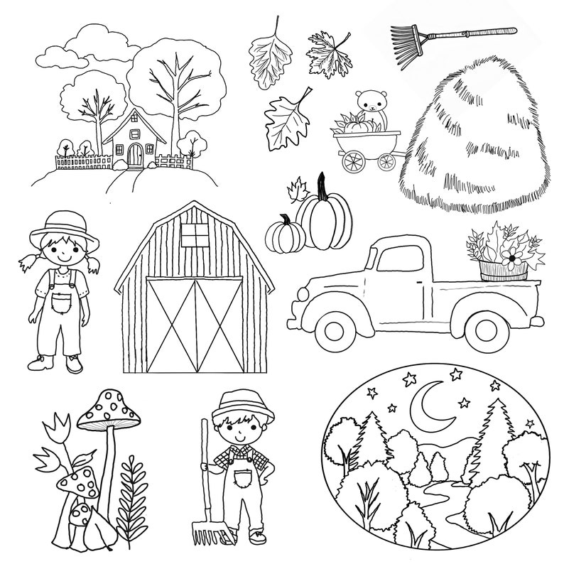 May include: Black and white line drawing illustration of a farm scene with a house, barn, truck, hay bale, pumpkins, mushrooms, a rake, and two children. The children are wearing overalls and hats. The scene is set in a rural setting with trees and a fence.