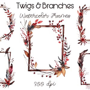 Elegante ramoscello intrecciato cornice bordi acquerello, clipart ghirlanda, uso commerciale Boho matrimonio cornice PNG, bacche cremisi, bordi floreali autunnali