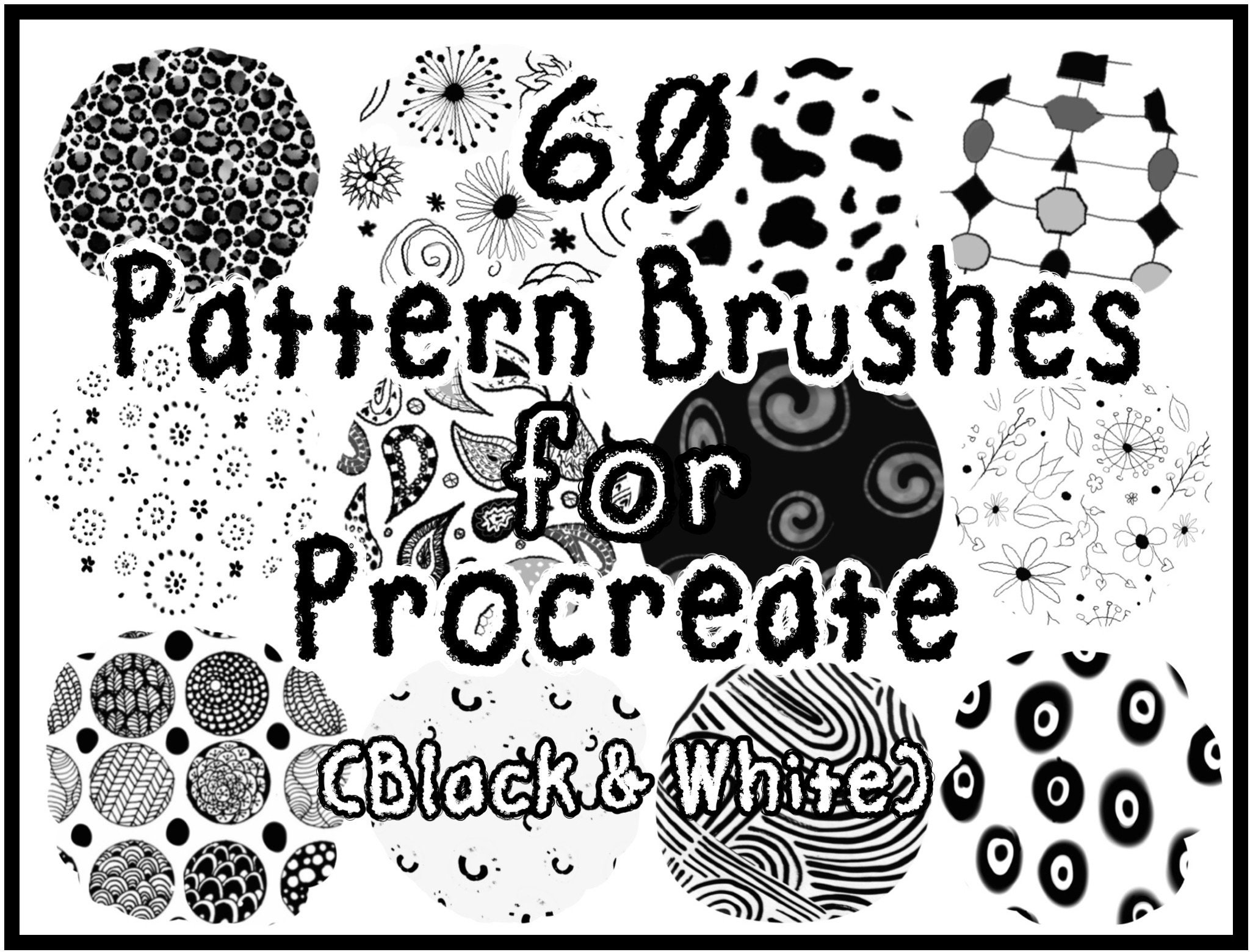 60 Black & White Seamless Pattern Brushes for Procreate – Geometric, Doodle, Animal Print, Boho