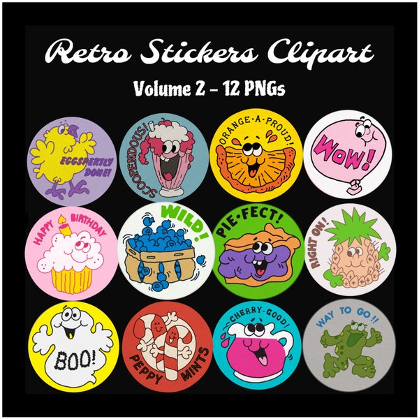 Vol. 2 Retro Digitale Stickers PNGs, jaren '80 Scratch & Sniff Vintage Sublimaties, Nostalgische Clipsrt, 1980 Handgetekende Stinkende Sticker Kunsttrends