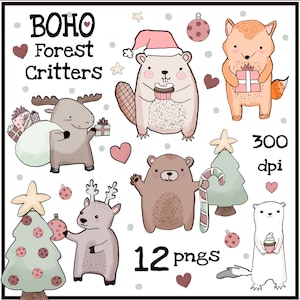 Cute Boho Christmas Woodland Animals clipart, Forest Creature, png, Sublimation, Commercial Use, Download, Santa Moose, Beaver, Bear, Fox