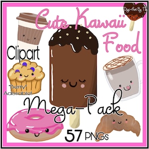 Könnte beinhalten: Ein Set mit 57 digitalen Clipart-Bildern mit niedlichen Kawaii-Food-Illustrationen. Die Bilder beinhalten ein Schokoladen-Eis am Stiel, einen Donut, ein Croissant, eine Kaffeetasse, einen Muffin und ein Eis am Stiel. Die Bilder sind perfekt für die Verwendung in digitalem Scrapbooking, Kartenherstellung und anderen kreativen Projekten.
