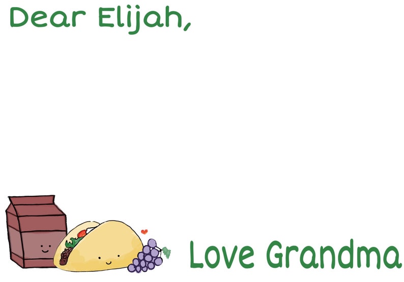 May include: A handwritten note card with green text that reads "Dear Elijah, Love Grandma". The card has a cartoon illustration of a carton of milk, a taco, and a bunch of grapes.
