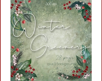 Elegant Winter Greenery watercolor clipart, sublimation, holiday PNGs, Christmas wreath arrangement,  emerald green