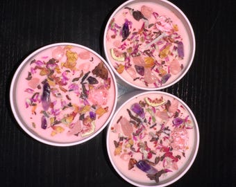 Vela de manifestación de amor, hierbas, cuarzo rosa y amatista, ritual de amor propio (226 g)