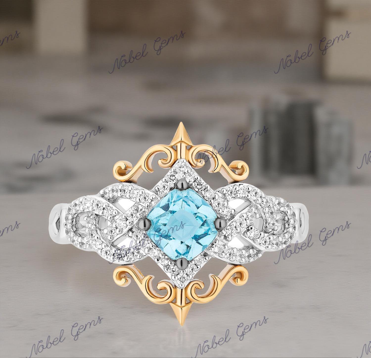 Enchanted Disney Fine Jewelry Two-Tone Solid 925 Sterling Silver Diamonds And Aqua Blue Topaz Merida Ring, Anniversary Gift For Her
