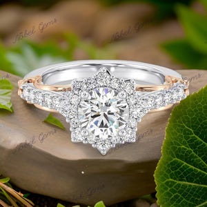 Enchanted Star Lab Grown Diamond Solid 925 Sterling Silver Belle Halo Engagement Ring With Rose Gallery, Moissanite Ring ,Gift For Her