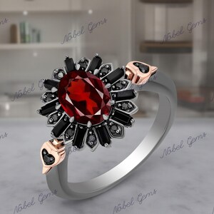 Enchanted Disney Fine Jewelry Black Rhodium Over Solid 925 Sterling Silver Diamond With Black Onyx and Red Garnet Evil Queen Throne Ring
